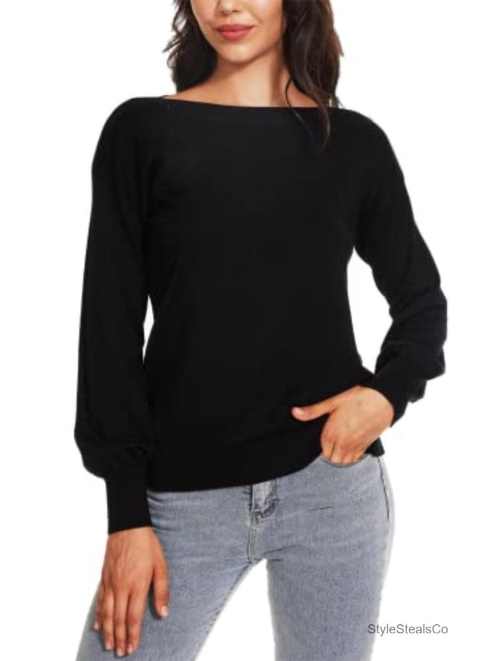 Women's Boat Neck Long Sleeve Pullover Sweater 70% Viscose Lantern Sleeve Loose